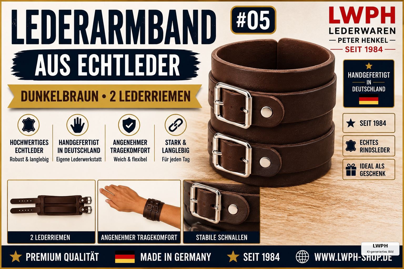 Produktvideo zum dunkelbraunen LWPH Echtleder-Armband mit zwei dunkelbraunen Lederriemen