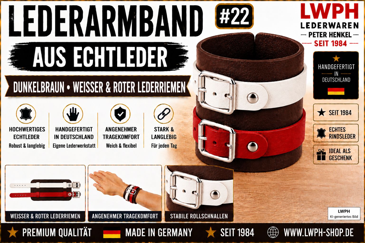 Produktvideo zum dunkelbraunen LWPH Echtleder-Armband mit einem weissen und einem roten Lederriemen