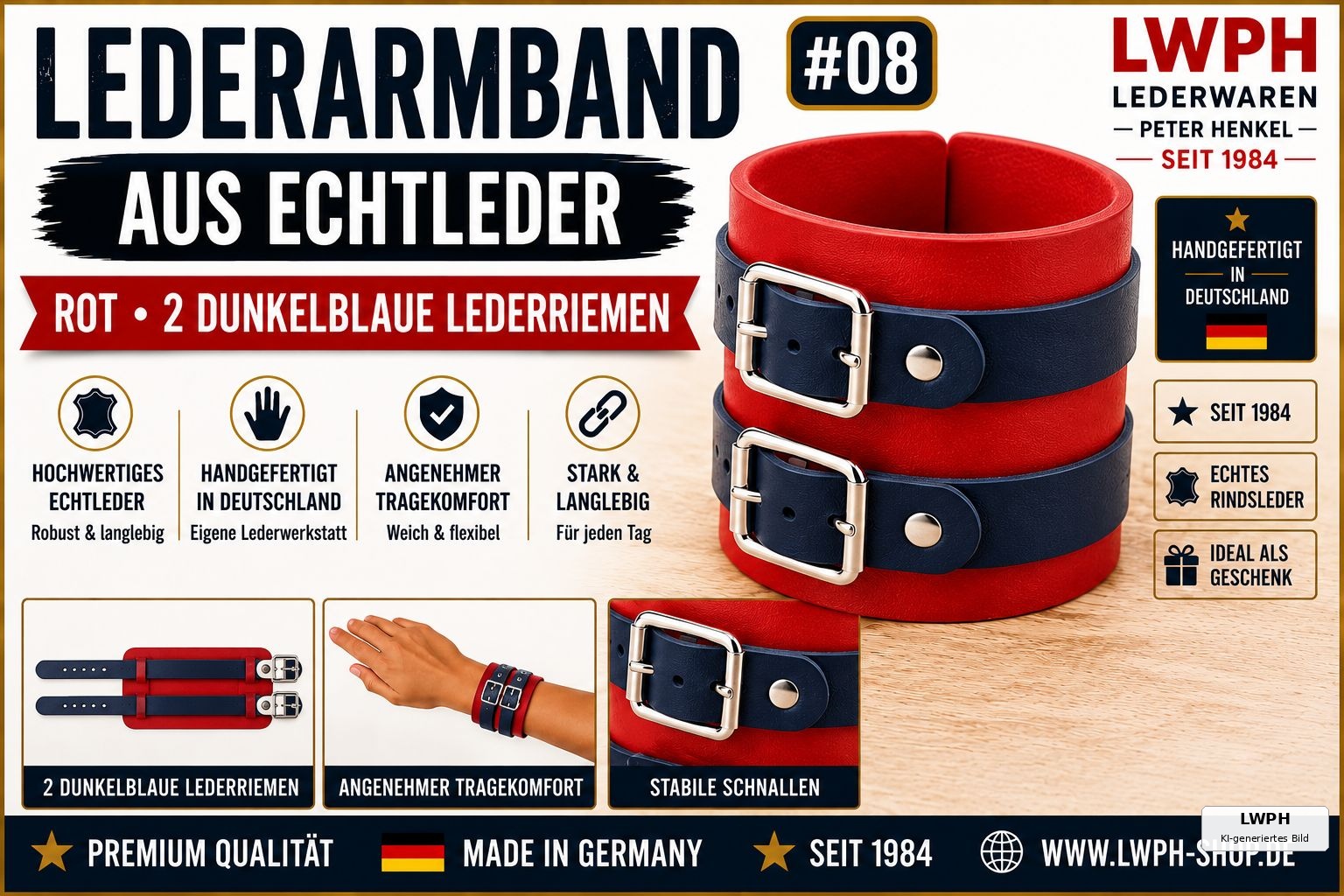 Produktvideo zum roten LWPH Echtleder-Armband mit zwei dunkelblauen Lederriemen