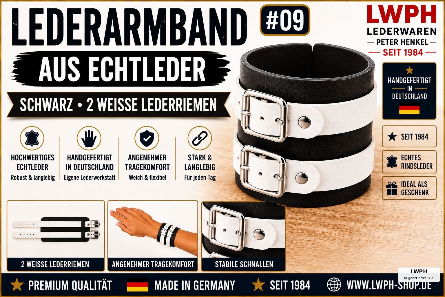 Produktvideo zum schwarzen LWPH Echtleder-Armband mit zwei weissen Lederriemen