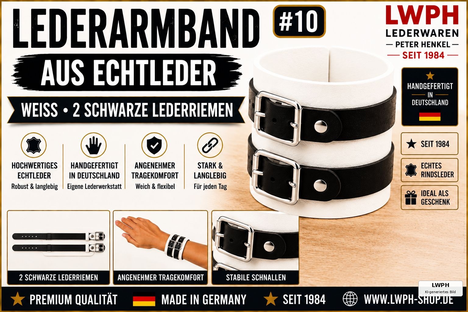 Produktvideo zum weissen LWPH Echtleder-Armband mit zwei schwarzen Lederriemen