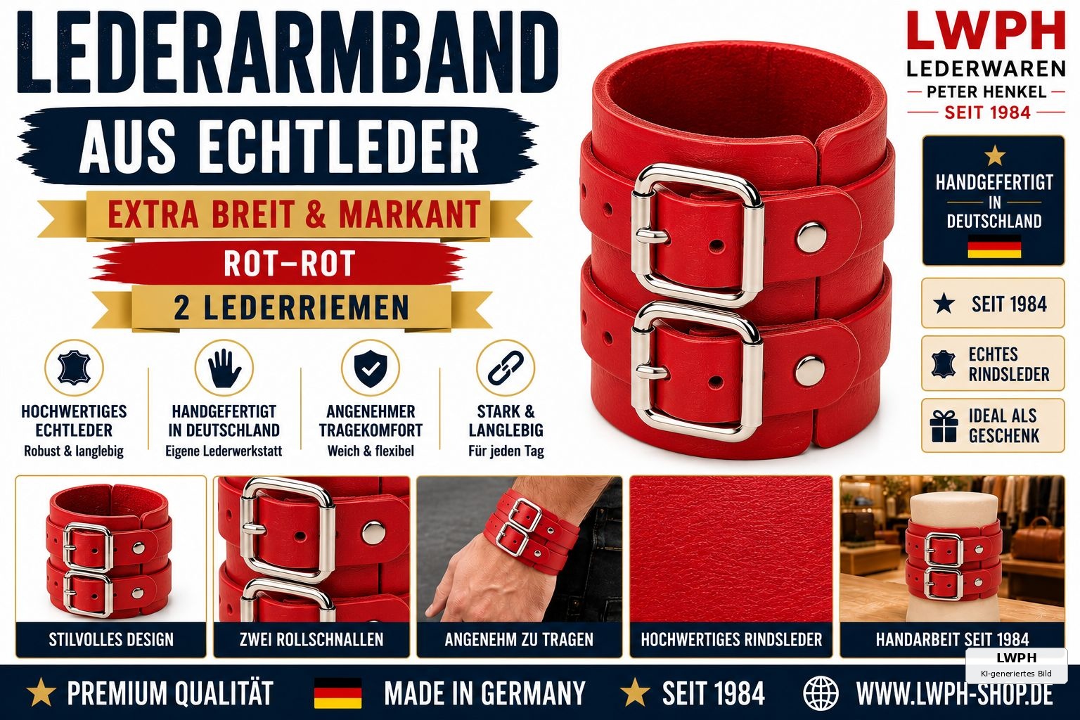 Produktvideo zum roten LWPH Echtleder-Armband mit zwei roten Lederriemen