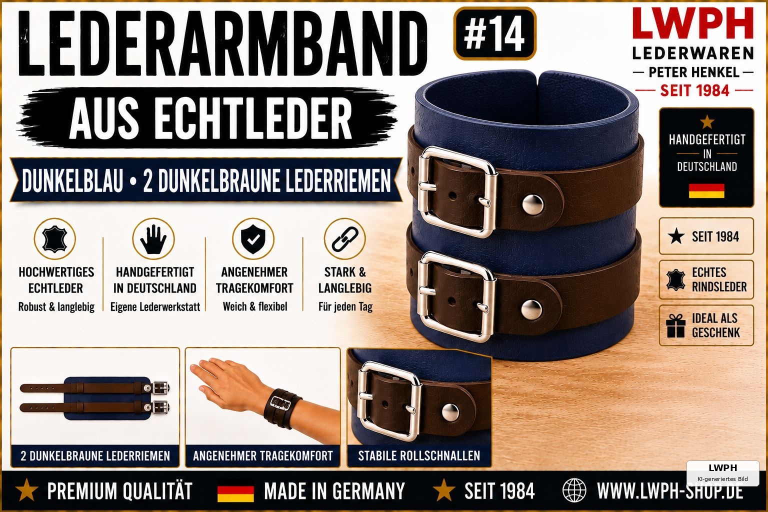 Produktvideo zum dunkelblauen LWPH Echtleder-Armband mit zwei dunkelbraunenLederriemen