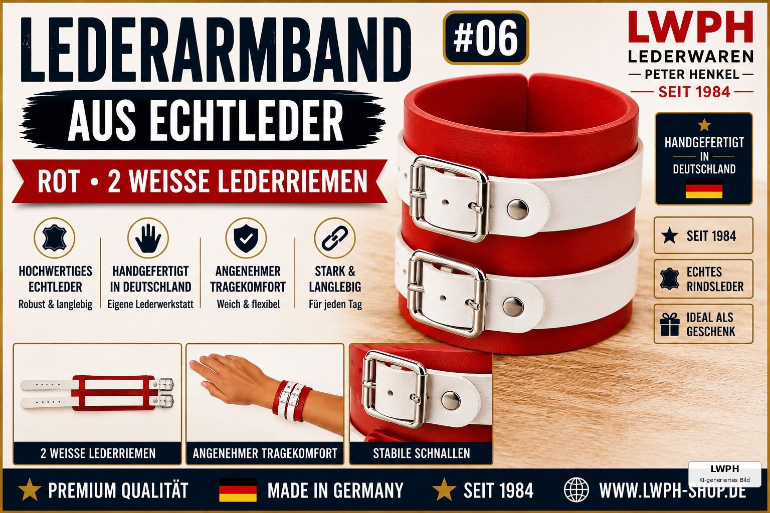 Produktvideo zum roten LWPH Echtleder-Armband mit zwei weissen Lederriemen