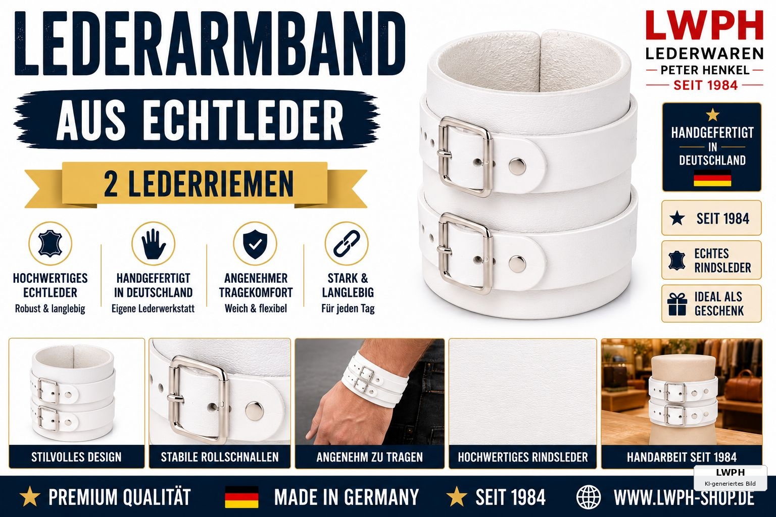 Produktvideo zum weissen LWPH Echtleder-Armband mit zwei weissen Lederriemen