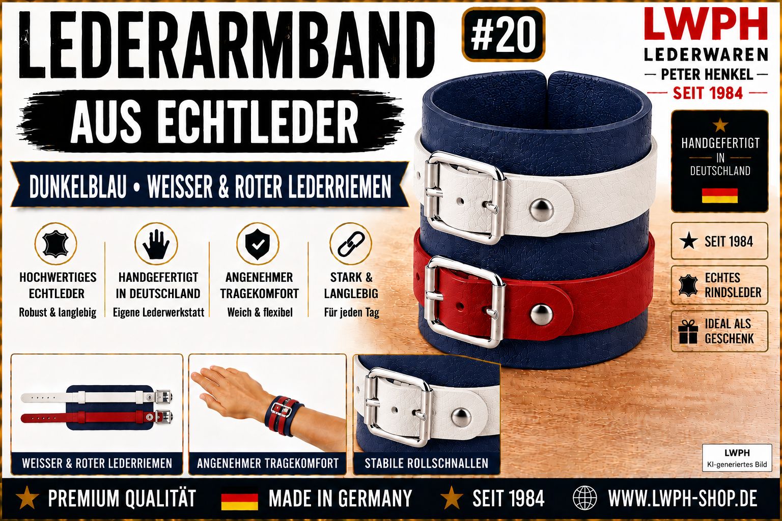 Produktvideo zum dunkelblauen LWPH Echtleder-Armband mit einem weissen und einem roten Lederriemen