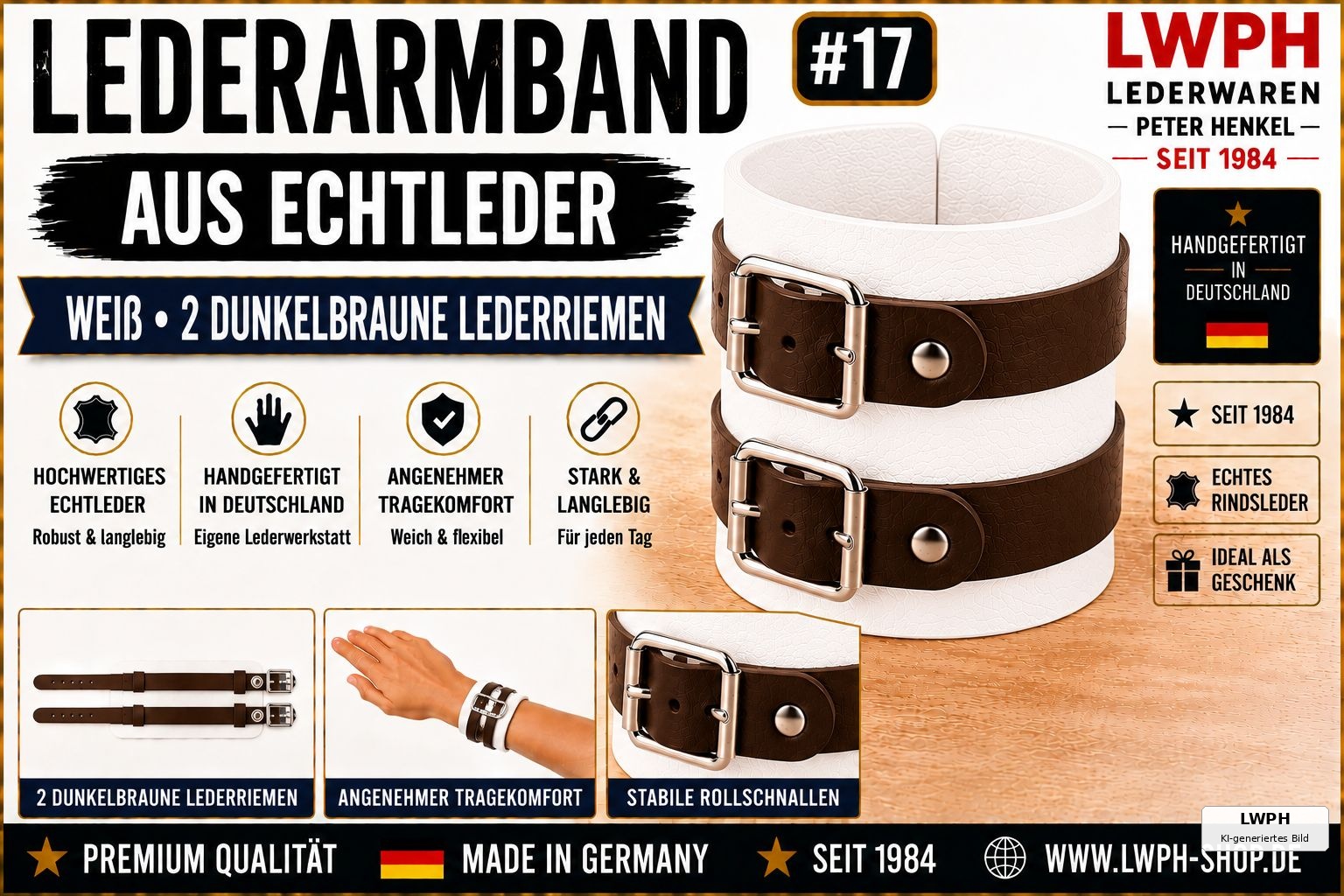 Produktvideo zum weissen LWPH Echtleder-Armband mit zwei dunkelbraunen Lederriemen