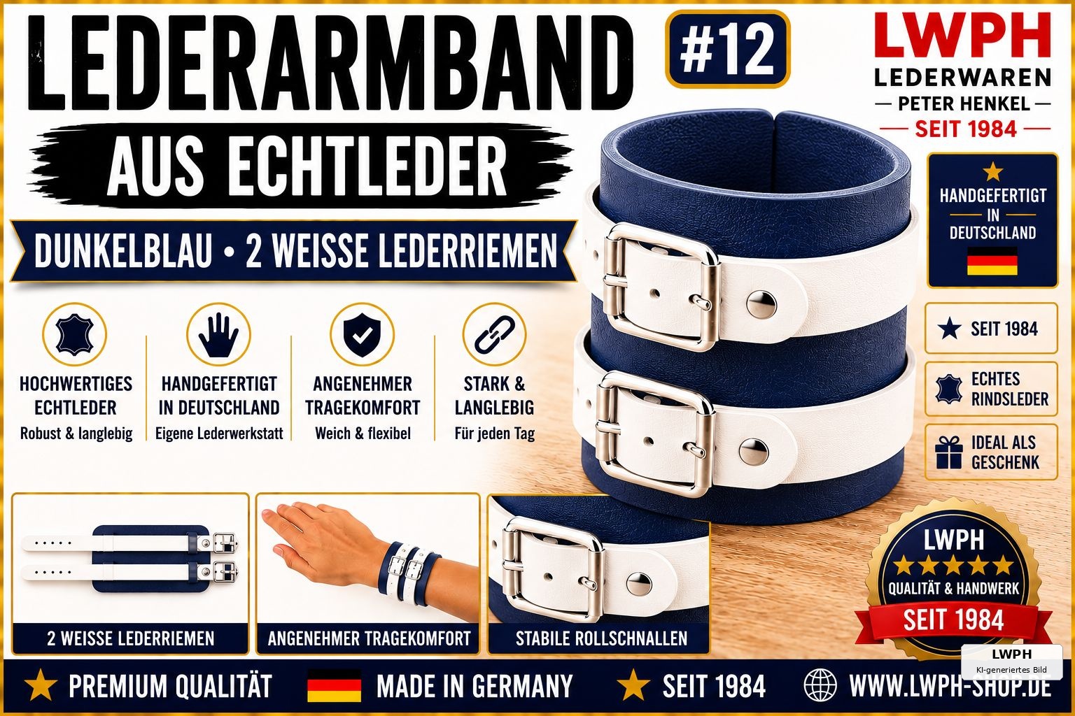 Produktvideo zum dunkelblau LWPH Echtleder-Armband mit zwei weissen Lederriemen