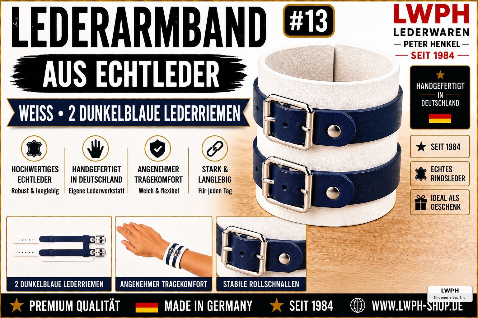 Produktvideo zum weißen LWPH Echtleder-Armband mit zwei dunkelblauen Lederriemen