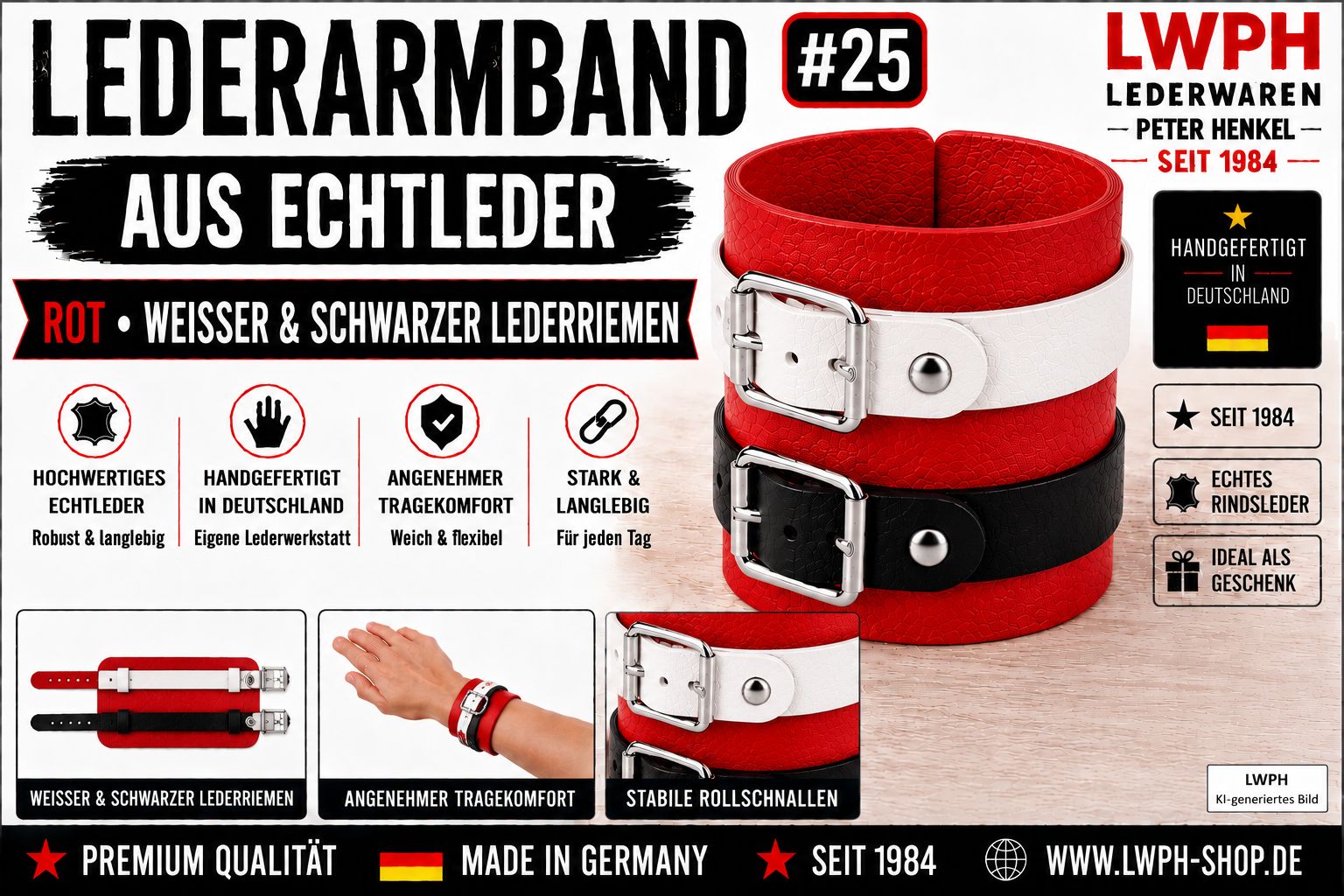 Produktvideo zum Roten LWPH Echtleder-Armband mit einem weissen und einem schwarzen Lederriemen