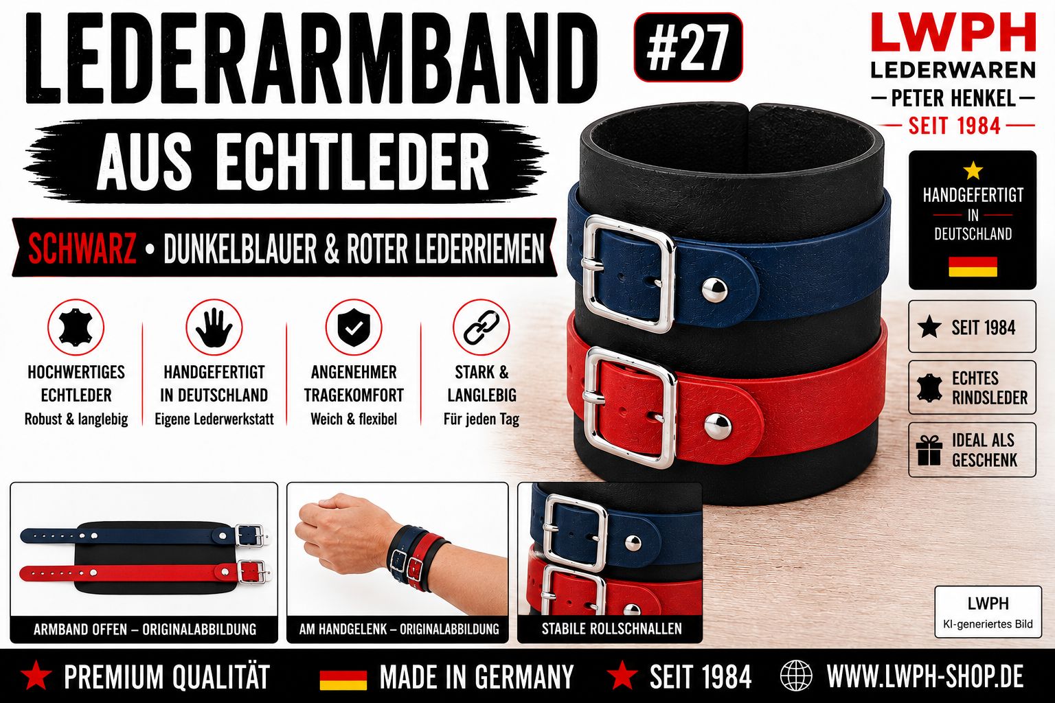 Produktvideo zum Schwarzen Echtlederarmband von LWPH Echtleder-Armband mit einem dunkelblauen und einem roten Lederriemen