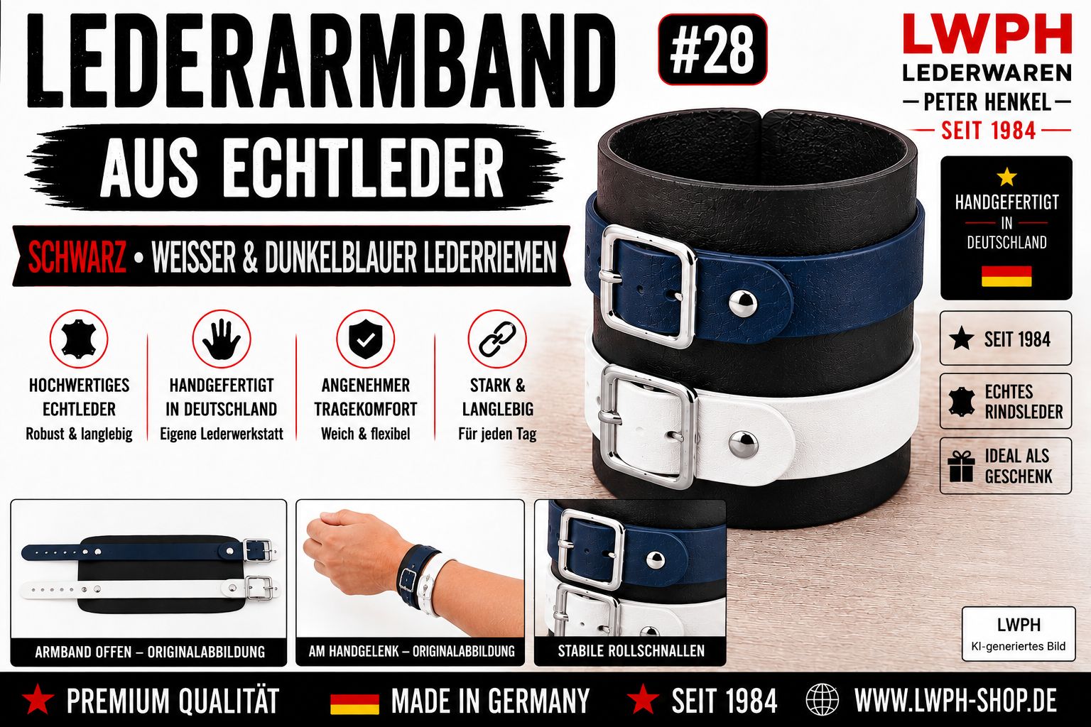 Produktvideo zum Schwarzen Echtlederarmband von LWPH Echtleder-Armband mit einem weißen und einem dunkelblauen Lederriemen