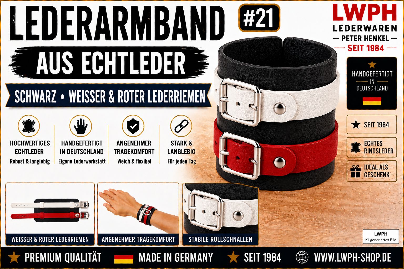 Produktvideo zum schwarzen LWPH Echtleder-Armband mit einem weissen und einem roten Lederriemen