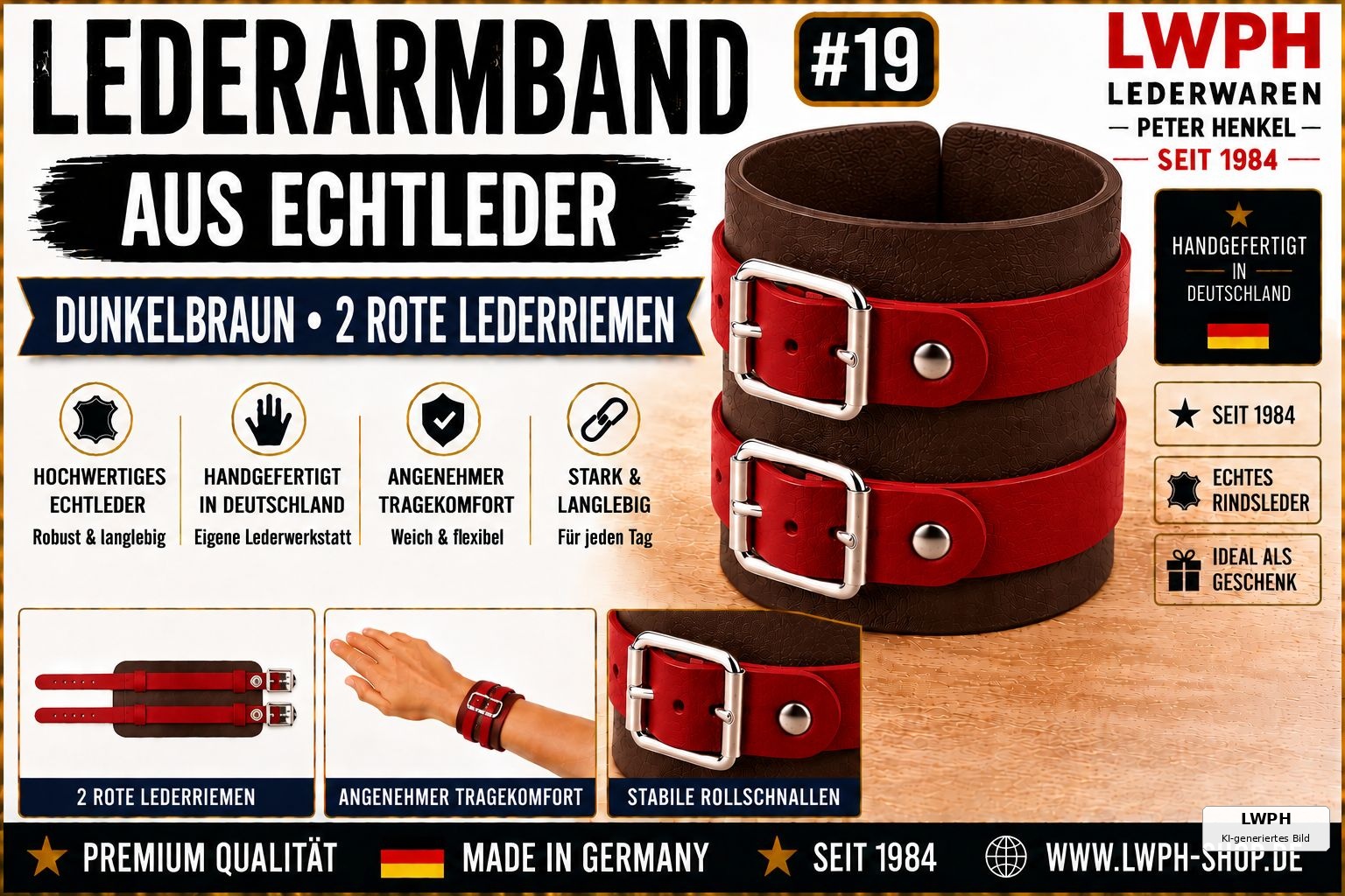 Produktvideo zum dunkelbraunen LWPH Echtleder-Armband mit zwei roten Lederriemen