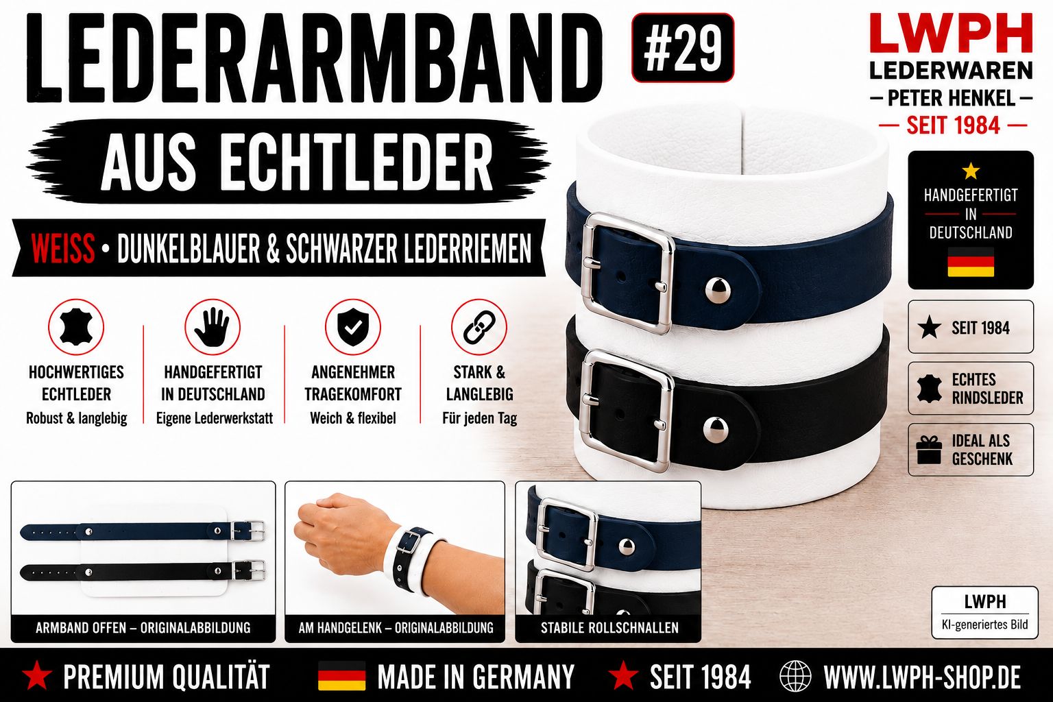 Produktvideo zum Weißen Echtlederarmband von LWPH Echtleder-Armband mit einem dunkelblauen und einem schwarzen Lederriemen