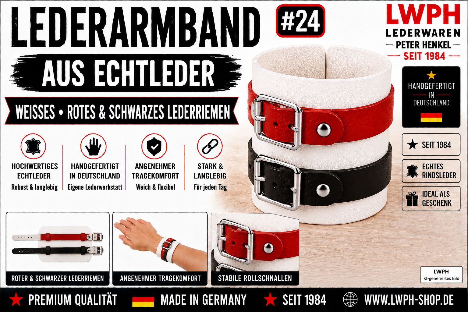 Produktvideo zum Weißen LWPH Echtleder-Armband mit einem roten und einem schwarzen Lederriemen